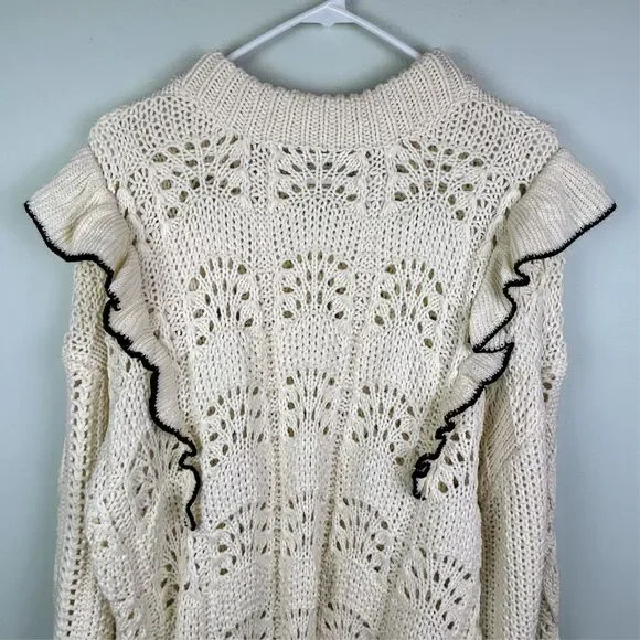 En Saison Anthropologie Dee Ruffled Sweater Cream Balloon Sleeve Pointelle S EUC - Picture 5 of 14